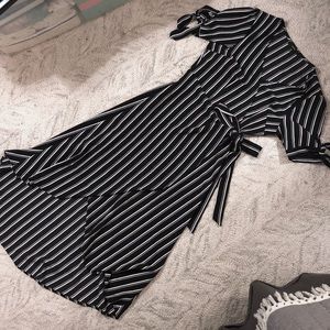 Black and white striped hi-low midi wrap dress